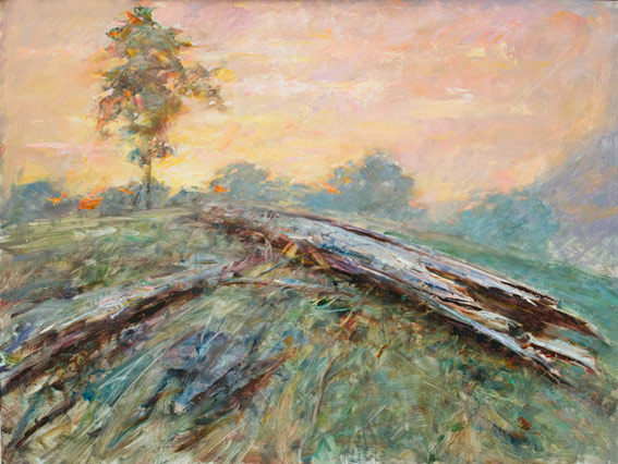 Luke Hollis nz fine art landscape art, remnants at sunset, oil on board